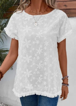 White Boat Neck Short Sleeve Embroidery T Shirt -Rosewe Promotion Store 334181 P 16856093931804