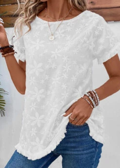 White Boat Neck Short Sleeve Embroidery T Shirt -Rosewe Promotion Store 334181 P 16856093932562