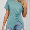Round Neck Ruched Green Short Sleeve T Shirt -Rosewe Promotion Store 334192 P 1684214557014