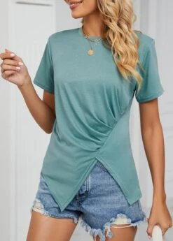 Round Neck Ruched Green Short Sleeve T Shirt -Rosewe Promotion Store 334192 P 1684214558453