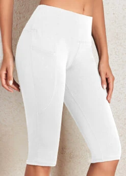 White Elastic Waist Mid Waisted Knee Length Leggings -Rosewe Promotion Store 334194 P 16844986331132
