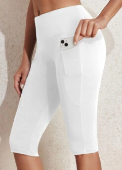 White Elastic Waist Mid Waisted Knee Length Leggings
