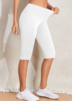 White Elastic Waist Mid Waisted Knee Length Leggings -Rosewe Promotion Store 334194 P 16844986334793