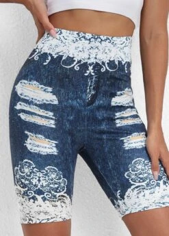 Floral Print Denim Blue Elastic Waist Leggings -Rosewe Promotion Store 334197 P 16881205284623