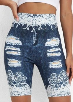 Floral Print Denim Blue Elastic Waist Leggings -Rosewe Promotion Store 334197 P 16881205286530