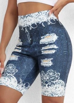 Floral Print Denim Blue Elastic Waist Leggings -Rosewe Promotion Store 334197 P 16881205286964
