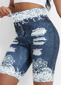 Floral Print Denim Blue Elastic Waist Leggings