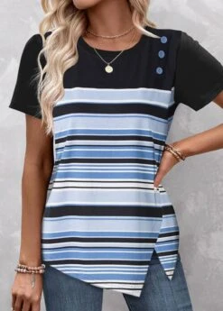 Striped Asymmetry Black Round Neck T Shirt