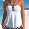 High Waisted Striped Drawstring White Tankini Set