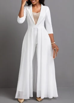 Sequin Ankle Length Lapel Regular White Jumpsuit -Rosewe Promotion Store 334253 P 1691030590021