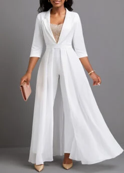 Sequin Ankle Length Lapel Regular White Jumpsuit -Rosewe Promotion Store 334253 P 1691030591460