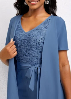 Bowknot Dusty Blue V Neck Capri Jumpsuit -Rosewe Promotion Store 334254 P 16877770830154