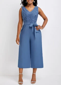 Bowknot Dusty Blue V Neck Capri Jumpsuit -Rosewe Promotion Store 334254 P 16877770836512