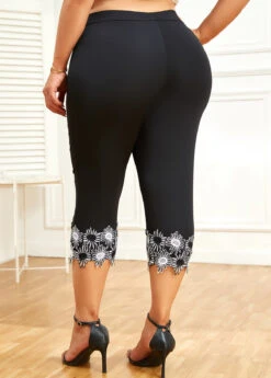 Black Plus Size Patchwork Skinny Elastic Waist Pants