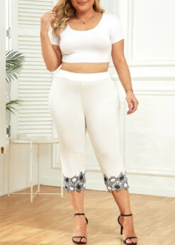 White Plus Size Patchwork Skinny Elastic Waist Pants -Rosewe Promotion Store 334263 P 16880197686194