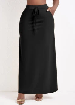 Pocket Black A Line Drawastring Maxi Skirt