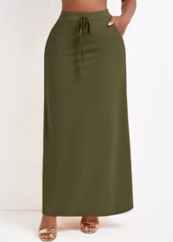 Pocket Olive Green A Line Drawastring Maxi Skirt