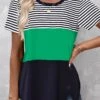 Striped Patchwork Green Round Neck T Shirt 2 Striped Patchwork Green Round Neck T Shirt -Rosewe Promotion Store 334301 P 1684311466343