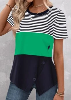 Striped Patchwork Green Round Neck T Shirt -Rosewe Promotion Store 334301 P 1684311467117