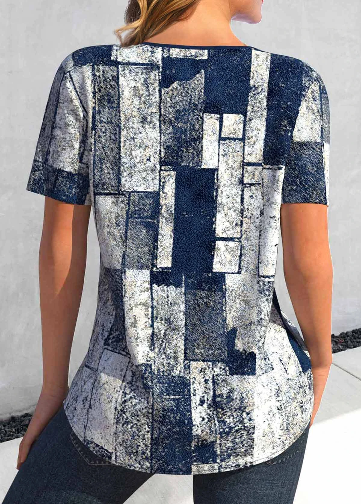 Geometric Print Lace Up Navy Short Sleeve Blouse 4 Geometric Print Lace Up Navy Short Sleeve Blouse - Image 2