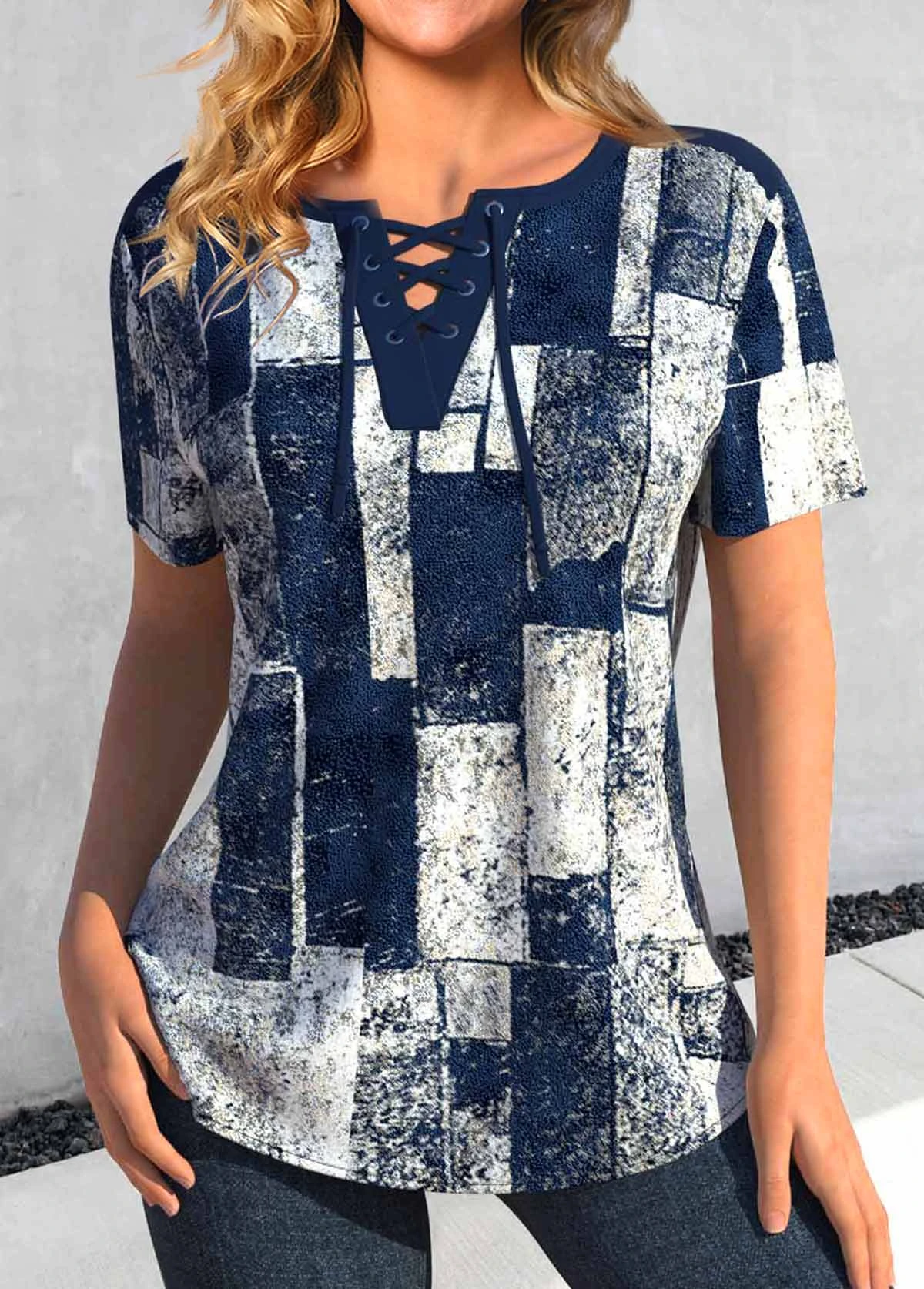 Geometric Print Lace Up Navy Short Sleeve Blouse 3 Geometric Print Lace Up Navy Short Sleeve Blouse