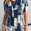 Plus Size Navy Lace Up Geometric Print Blouse -Rosewe Promotion Store 334359 P 1684387062647