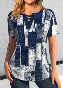 Plus Size Navy Lace Up Geometric Print Blouse