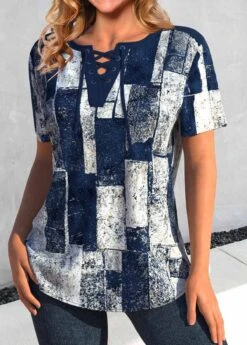 Geometric Print Lace Up Navy Short Sleeve Blouse 7 Geometric Print Lace Up Navy Short Sleeve Blouse -Rosewe Promotion Store 334359 P 1684387062847 1