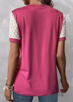 Patchwork Round Neck Short Sleeve Pink T Shirt 6 Patchwork Round Neck Short Sleeve Pink T Shirt -Rosewe Promotion Store 334404 P 1684406546071