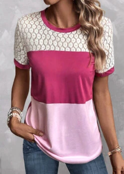Patchwork Round Neck Short Sleeve Pink T Shirt 7 Patchwork Round Neck Short Sleeve Pink T Shirt -Rosewe Promotion Store 334404 P 1684406546558