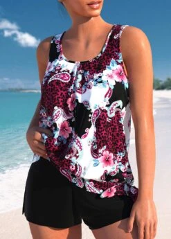 Mid Waisted Floral Print Bowknot Black Tankini Set -Rosewe Promotion Store 334493 P 1684478415142 1