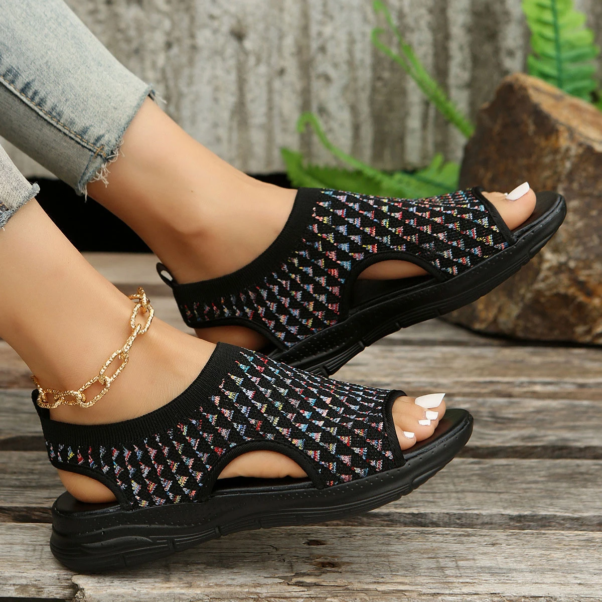 Black Peep Toe Geometric Print Low Heel Sandals 4 Black Peep Toe Geometric Print Low Heel Sandals - Image 2