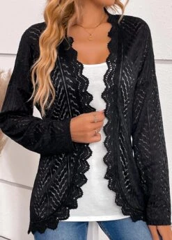 Scalloped Hem Long Sleeve Black Cardigan -Rosewe Promotion Store 334538 P 16887318014065