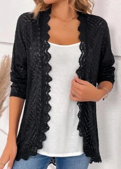 Scalloped Hem Long Sleeve Black Cardigan -Rosewe Promotion Store 334538 P 16887318014904