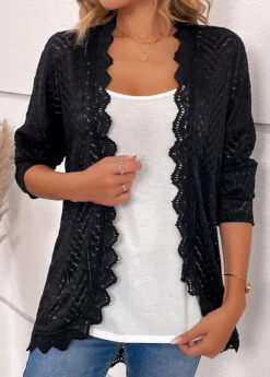 Scalloped Hem Long Sleeve Black Cardigan