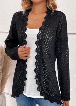 Scalloped Hem Long Sleeve Black Cardigan -Rosewe Promotion Store 334538 P 16887318018952