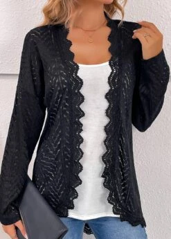 Scalloped Hem Long Sleeve Black Cardigan -Rosewe Promotion Store 334538 P 16887318019553