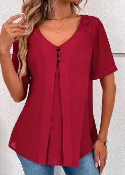 Wine Red V Neck Short Sleeve Lace Blouse 12 Wine Red V Neck Short Sleeve Lace Blouse -Rosewe Promotion Store 334541 P 16885574060243
