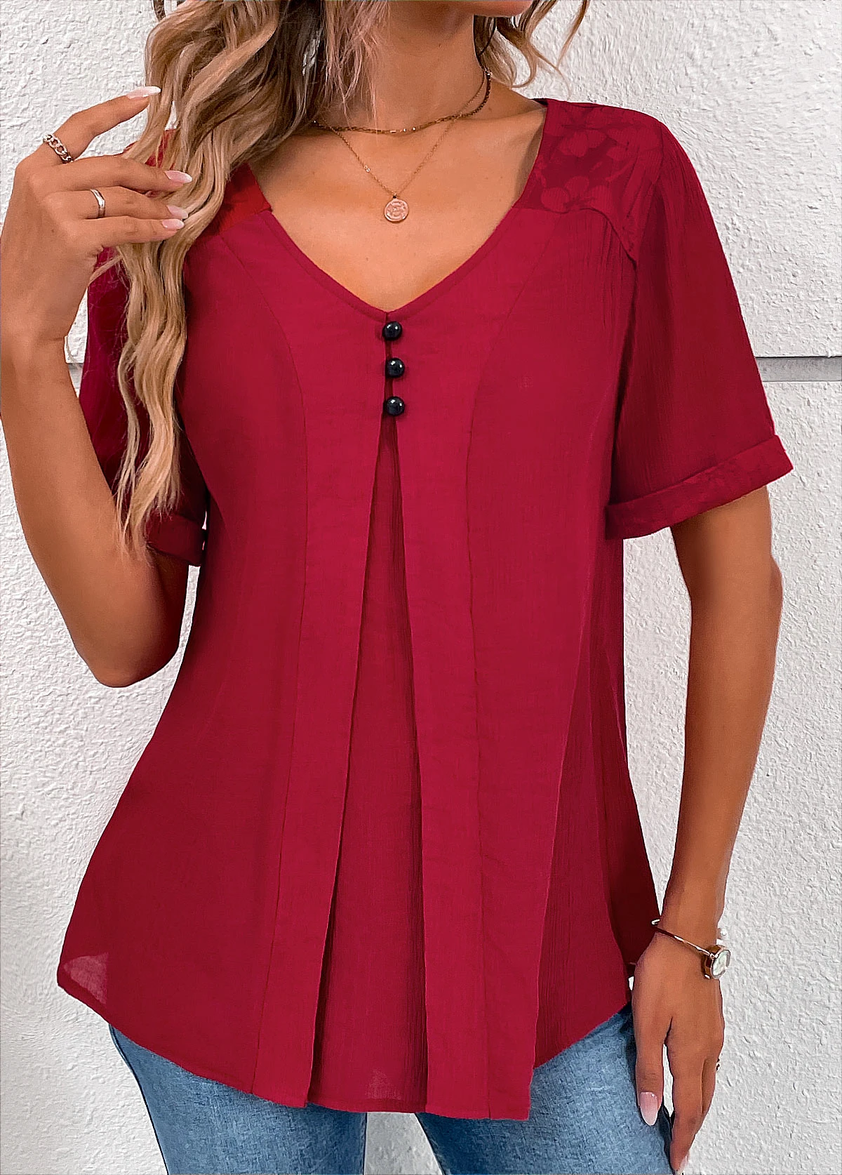 Wine Red V Neck Short Sleeve Lace Blouse 7 Wine Red V Neck Short Sleeve Lace Blouse - Image 5
