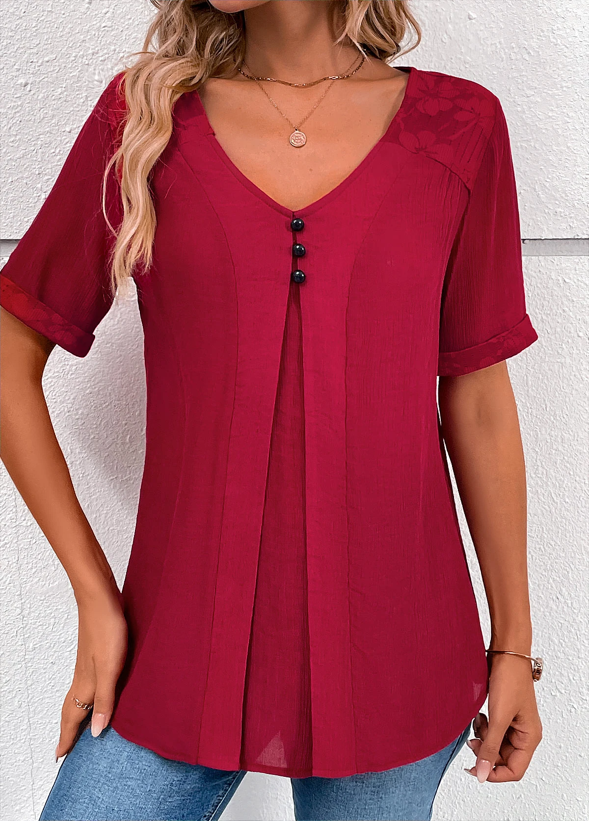 Wine Red V Neck Short Sleeve Lace Blouse 3 Wine Red V Neck Short Sleeve Lace Blouse