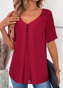 Wine Red V Neck Short Sleeve Lace Blouse 10 Wine Red V Neck Short Sleeve Lace Blouse -Rosewe Promotion Store 334541 P 16885574061700