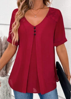 Wine Red V Neck Short Sleeve Lace Blouse 13 Wine Red V Neck Short Sleeve Lace Blouse -Rosewe Promotion Store 334541 P 16885574062775