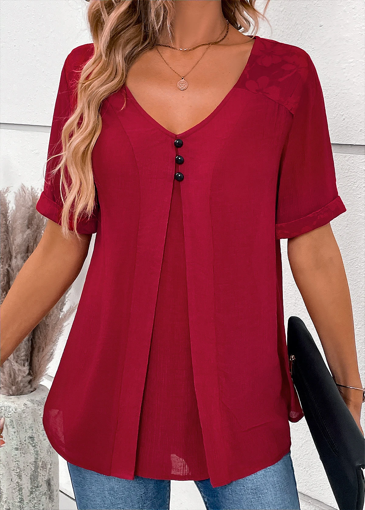 Wine Red V Neck Short Sleeve Lace Blouse 8 Wine Red V Neck Short Sleeve Lace Blouse - Image 6
