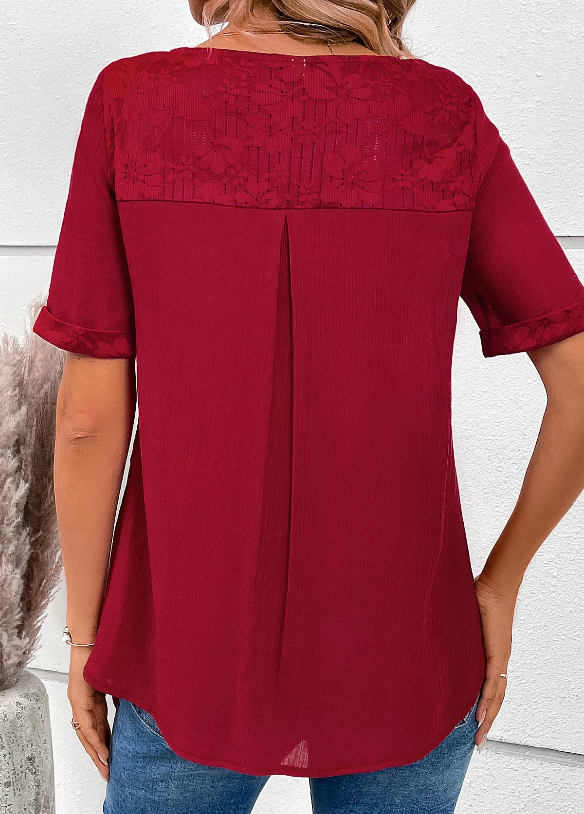 Wine Red V Neck Short Sleeve Lace Blouse 4 Wine Red V Neck Short Sleeve Lace Blouse - Image 2