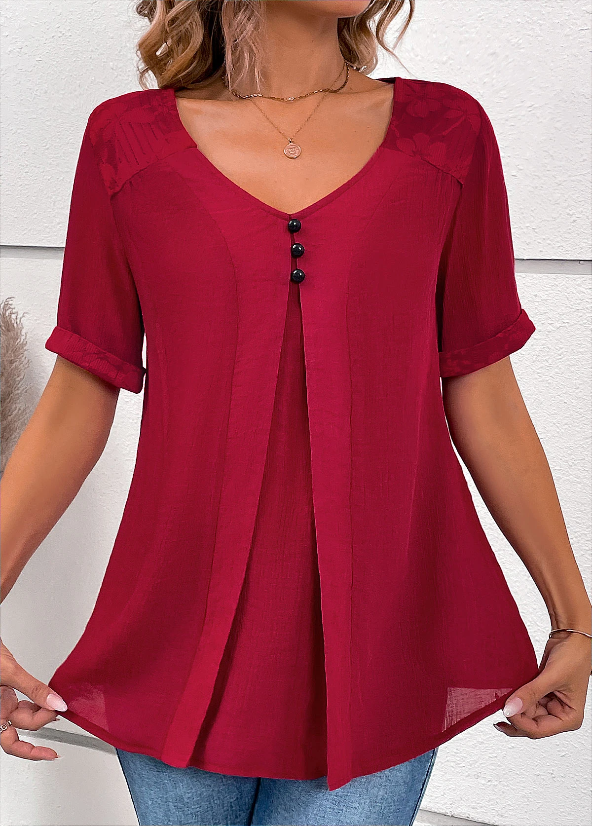 Wine Red V Neck Short Sleeve Lace Blouse 6 Wine Red V Neck Short Sleeve Lace Blouse - Image 4