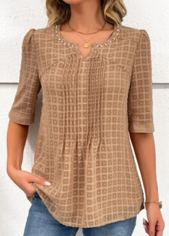 Pearl Split Neck Half Sleeve Light Coffee Blouse