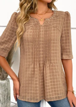 Pearl Split Neck Half Sleeve Light Coffee Blouse -Rosewe Promotion Store 334556 P 16889654182374