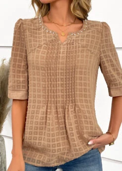 Pearl Split Neck Half Sleeve Light Coffee Blouse -Rosewe Promotion Store 334556 P 16889654182905