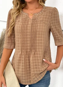 Pearl Split Neck Half Sleeve Light Coffee Blouse -Rosewe Promotion Store 334556 P 16889654184362