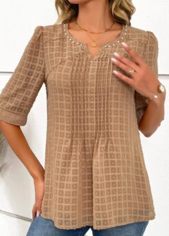 Pearl Split Neck Half Sleeve Light Coffee Blouse -Rosewe Promotion Store 334556 P 16889654189643